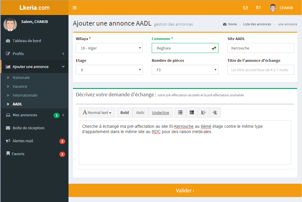 interface lkeria echange aadl