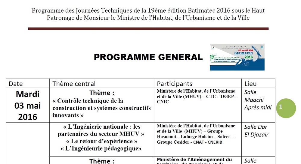 Programme journées techniques du salon BATIMATEC 2016